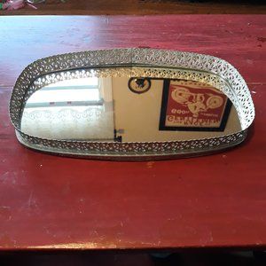 Vintage Mid Century Mirrored Vanity Tray Brass Filigree